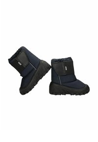 Bottes isolantes bleu marine avec une bande noire texturée et une semelle en caoutchouc, dotées d'un bout arrondi et d'un col à cordon de serrage. Design durable.