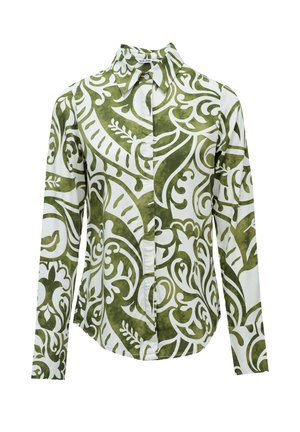 Langärmliges Hemd aus weißer Baumwolle mit grünem, ornamentalen Muster. Verfügt über einen klassischen Kragen und eine durchgehende Knopfleiste, mit seitlichen Schlitzen am Saum.