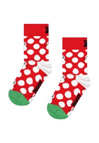 Chaussettes rouges avec des pois blancs, bout et talon verts, ornées de petites chouettes noires et du texte 'HAPPY' sur le côté. Matière en coton, hauteur mi-mollet.