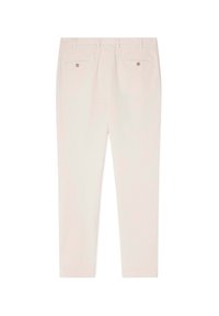 Lichtbeige broek gemaakt van stof met een zachte textuur, met twee achterzakken met knoopsluitingen en recht gesneden pijpen.