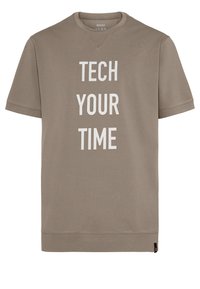 Šedé bavlněné tričko s krátkým rukávem, na přední straně vycentrovaný bílý text "TECH YOUR TIME". Kulatý výstřih, jednobarevný design.