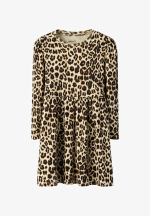 Leopard print dress in soft fabric, featuring long sleeves, a round neck, and a flared skirt. Dominant colors are beige, black, and brown.