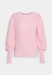 Maglione rosa lavorato a maglia con una texture a coste, caratterizzato da maniche a sbuffo e un collo rotondo. Stile cropped con polsini aderenti.