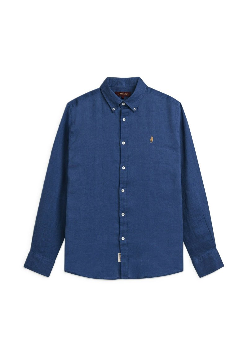 Camicia button-up in lino blu scuro, con colletto, maniche lunghe e bottoni bianchi. Piccolo logo ricamato sul petto.