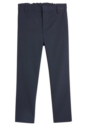 Pantalon bleu marine droit avec passants de ceinture et fermeture avant dissimulée, conçu pour une silhouette ajustée.