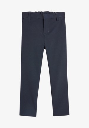 Pantalon bleu marine droit avec passants de ceinture et fermeture avant dissimulée, conçu pour une silhouette ajustée.
