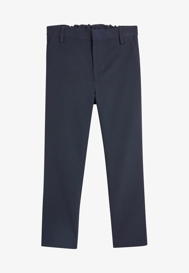 Pantalon bleu marine droit avec passants de ceinture et fermeture avant dissimulée, conçu pour une silhouette ajustée.