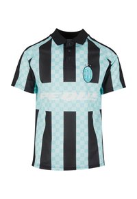 Zwarte en lichtblauwe polo met verticale strepen, een patroon, knoopsluiting met drie knopen en een rond logo op de borst.