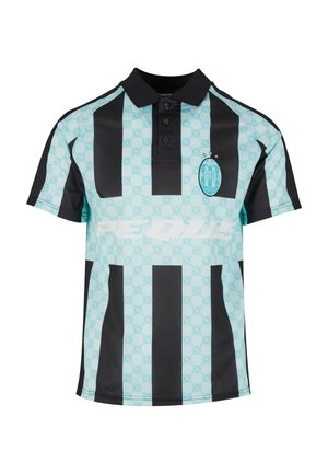 Black and light blue polo shirt featuring vertical stripes, a patterned design, three-button placket, and a circular logo on the chest.