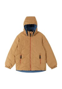 Giacca trapuntata marrone con cappuccio, foderata in blu, con cerniera rossa e due tasche frontali. Presenta un tessuto texturizzato e polsini elastici.