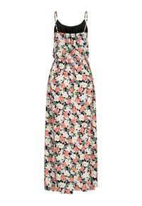 Robe maxi fleurie avec un haut noir, des bretelles fines et une taille élastique. Le tissu présente un motif floral multicolore vibrant sur un fond sombre.