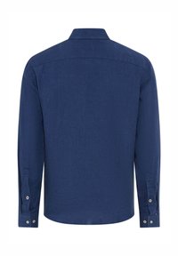 Navy blue long-sleeve shirt with a button-down collar, featuring a straight hem, single-button cuffs, and textured fabric.