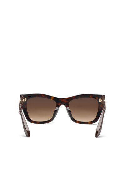 Lunettes de soleil avec de grandes montures carrées en écaille de tortue et des verres dégradés marron, vues de face sur fond blanc.