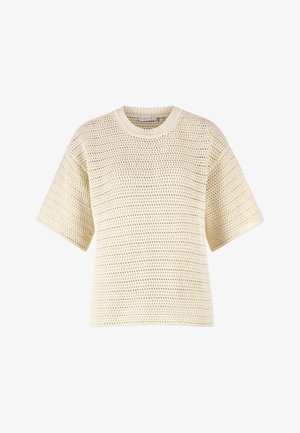 Heledbeži kootud sviiter, millel on lõtv lõige, lühikesed varrukad, ümar kaelus ja avatud kootud tekstuur horisontaalsete triipude mustriga.