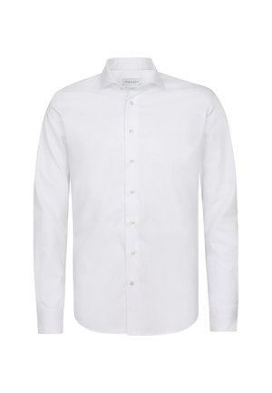 Langärmliges weißes Herrenhemd aus Baumwollstoff; mit klassischem Kragen und einer durchgehenden Knopfleiste mit kleinen, hellen Knöpfen.