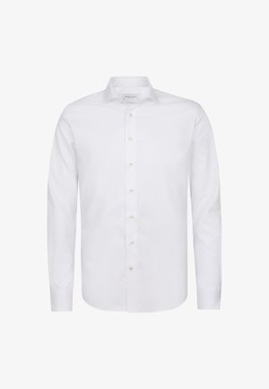Camicia bianca a maniche lunghe in tessuto di cotone; presenta un colletto classico e una parte frontale con bottoni a pressione di piccole dimensioni in un colore chiaro.
