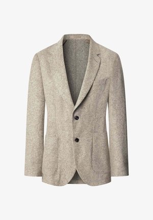 Blazer beige de lana para hombre con solapas de muesca, cierre de dos botones, bolsillos parche y un bolsillo en el pecho, vista frontal sobre fondo blanco.