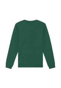 Grüner Pullover aus weichem Stoff, mit Rundhalsausschnitt, langen Ärmeln und gerippten Bündchen. Keine Muster oder Grafiken vorhanden.
