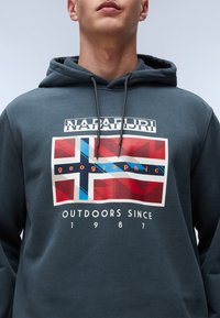 Sudadera con capucha en gris oscuro, que presenta un gráfico multicolor con un diseño de bandera, el texto "NAFPAURI" y "OUTDOORS SINCE 1987". Textura suave.