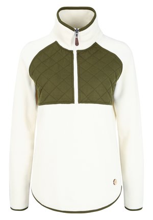 Vit fleece-pullover med en mörkgrön vadderad bröstpanel, dragkedja i halsen och rundad nederkant. Har en liten logotyp längst ner till vänster.