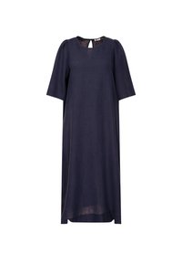 Marineblaues Leinenkleid mit kurzen Ärmeln, rundem Halsausschnitt und einem Schlüssellochdetail im Rücken. Es hat einen lockeren Schnitt und endet unter dem Knie.