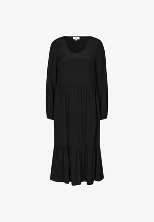 Robe noire à manches longues avec un décolleté en bateau, jupe à volants et coupe décontractée. Confectionnée en tissu doux avec une texture lisse.