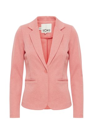 Pink blazer with a textured fabric, single button closure, notched lapels, two front pockets, and tailored fit. Label visible inside.