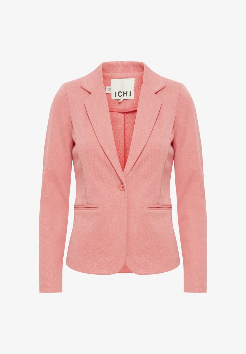 Pink blazer with a textured fabric, single button closure, notched lapels, two front pockets, and tailored fit. Label visible inside.