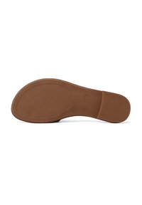 Suola di scarpa in gomma marrone con un pattern di grip testurizzato. Design piatto con punta arrotondata e finitura liscia, caratterizzata da un logo impresso in modo sottile.