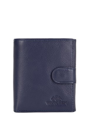 Portefeuille en cuir bleu foncé avec fermeture à bouton-pression et logo « WITTCHEN » embossé en bas à droite à l'avant.