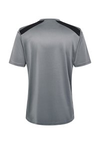 Gray athletic t-shirt with a smooth texture, featuring black shoulder accents and a round neckline. Back view shows a simple design.