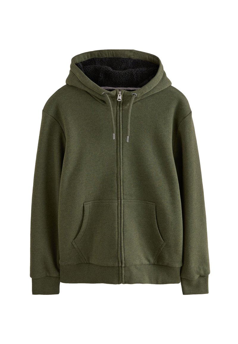 Grüne Kapuzenjacke mit Reißverschluss, aus weichem Stoff. Verfügt über zwei Fronttaschen und gerippte Bündchen. Innen mit Fleece-Textur gefüttert.
