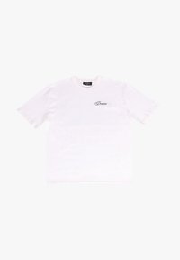 White cotton t-shirt featuring short sleeves, a crew neckline, and a printed black logo “Dropsize” on the left chest area.