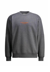 Grijze sweatshirt met ronde hals, oversized pasvorm en geribde manchetten. Bevat een oranje tekstlogo op de borst. Gemaakt van een zachte katoenmix.