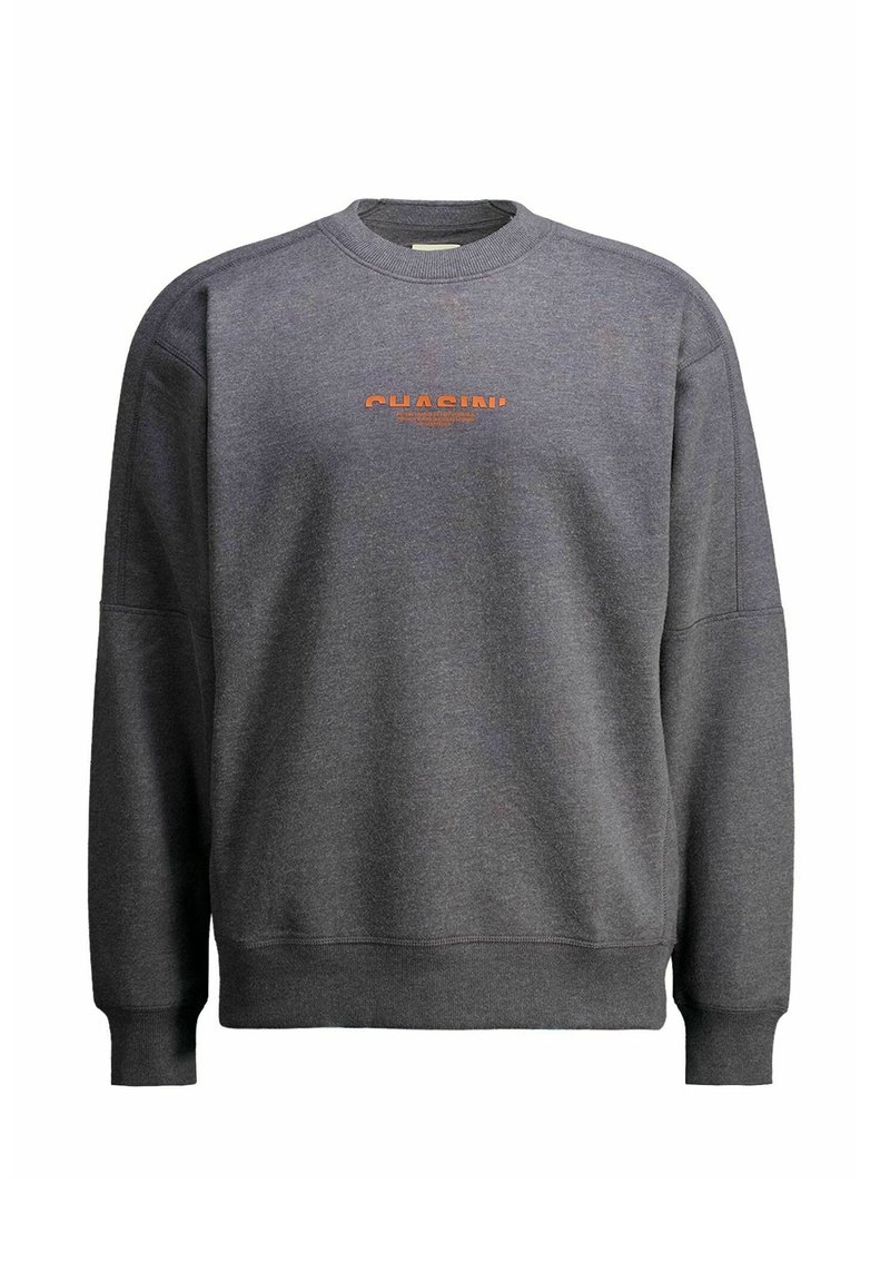Grijze sweatshirt met ronde hals, oversized pasvorm en geribde manchetten. Bevat een oranje tekstlogo op de borst. Gemaakt van een zachte katoenmix.
