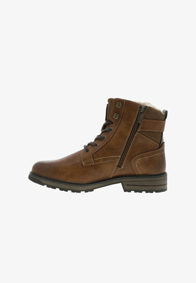 Bottine marron en cuir texturé, avec une fermeture éclair sur le côté, des lacets et une doublure en fausse fourrure. Semelle épaisse avec motif de traction.