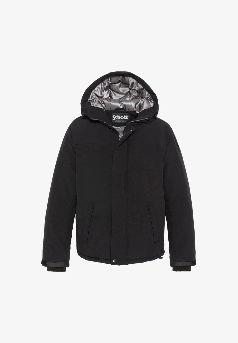 Veste d'hiver noire isolée avec capuche, fermeture éclair avant et poches, avec une doublure intérieure argentée brillante et une étiquette de marque Schott à l'intérieur du col.