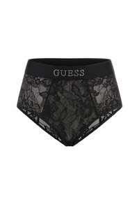 Czarne koronkowe majtki o wysokim stanie z kwiatowymi wzorami, z solidnym czarnym pasem w talii ozdobionym kryształkami w kształcie napisu "GUESS" oraz przezroczystą teksturą.