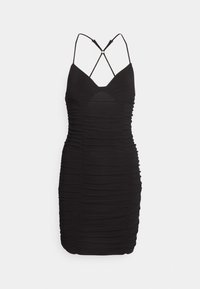 Czarna sukienka bodycon z marszczeniem, na ramiączkach spaghetti i dekoltem w kształcie litery V. Dopasowany krój podkreśla krągłości. Gładki, elastyczny materiał.
