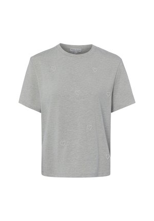 Hellgraues T-Shirt mit kurzen Ärmeln und Rundhalsausschnitt mit kleinen weißen bestickten Herzen, die auf der Vorderseite verteilt sind.