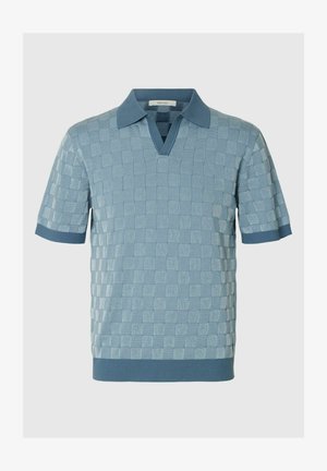 Kratkoročna modra pletena polo majica s teksturiranim karo vzorcem in rebrastim ovratnikom, manšetami in robom.