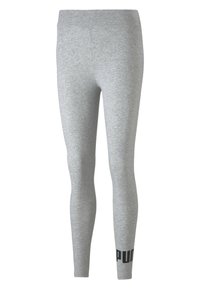 Leggings grises fabricados con un tejido suave, que presentan una cinturilla alta y un logotipo negro destacado impreso cerca del tobillo. Textura lisa en toda su superficie.