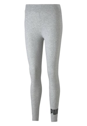 Leggings grises fabricados con un tejido suave, que presentan una cinturilla alta y un logotipo negro destacado impreso cerca del tobillo. Textura lisa en toda su superficie.