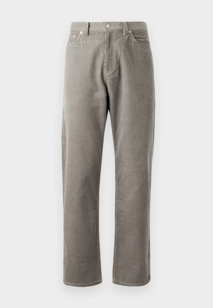 Gray corduroy pants with straight-leg cut, featuring a high waistband, front pockets, and subtle vertical ribbed texture.