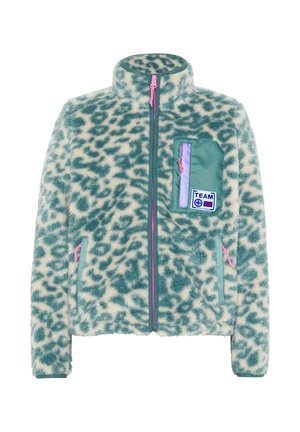 Fuzzy zip-up jacket with teal and cream leopard print, pink zipper pulls, and a pocket with a "TEAM" patch on the chest.