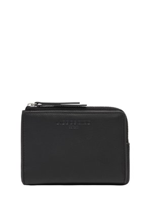Black leather wallet with a smooth texture, zip closure, and embossed brand logo on the front. Compact rectangular shape for easy carry.