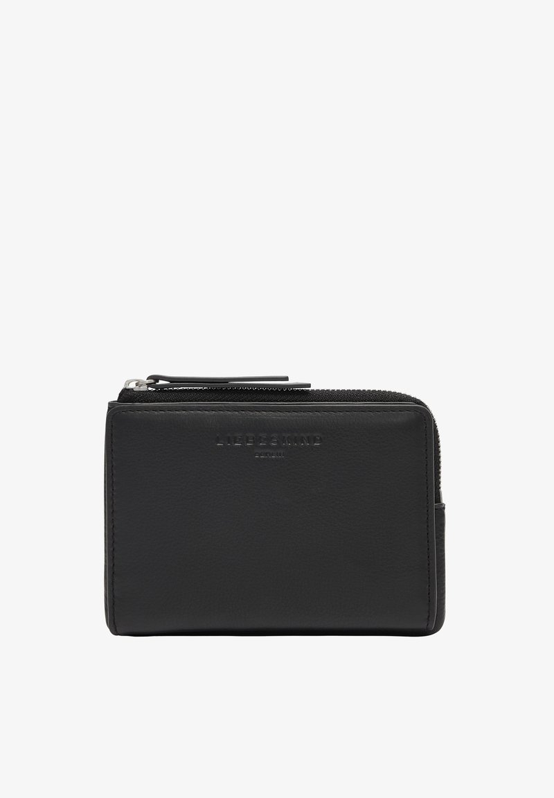 Black leather wallet with a smooth texture, zip closure, and embossed brand logo on the front. Compact rectangular shape for easy carry.