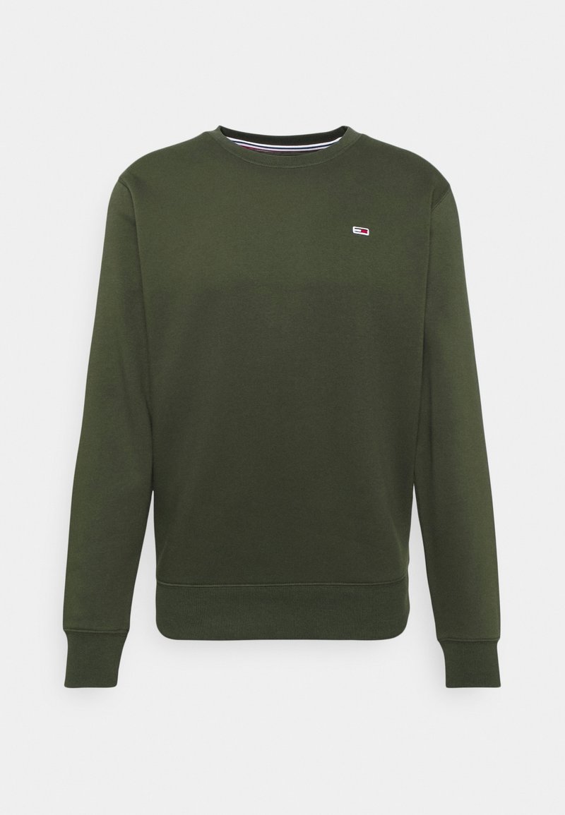 Mörkgrön sweatshirt med rund halsringning och långa ärmar, samt en liten broderad logotyp i röd, vit och blå på vänster bröst.