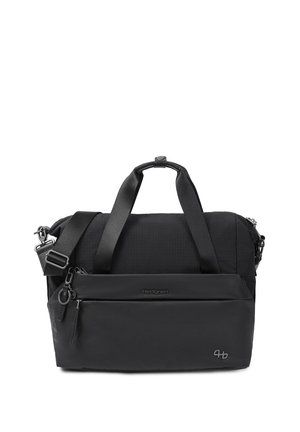 Sac à main Hedgren noir avec double poignée, bandoulière réglable, poche zippée à l'avant et logo argenté en bas à droite.