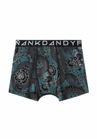 Boxershorts i teal-tyg med ett mönster av en svart orm och blommor. Svart elastiskt midjeband med vit text "RANKDANDY".